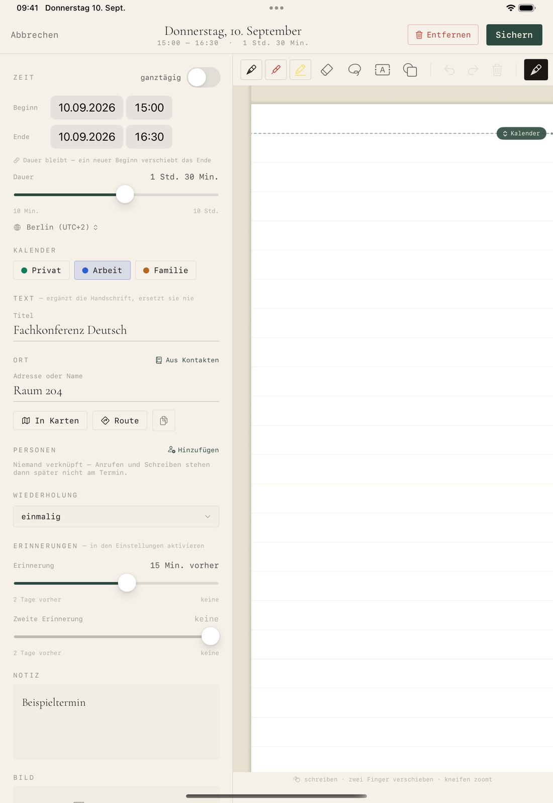 Termin-Editor: links Zeit, Kalender, Titel, Ort, Personen, Wiederholung, Erinnerungen und Notiz; rechts die Schreibfläche mit Werkzeugleiste.