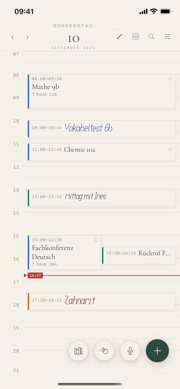 Chartula auf dem iPhone: Tagesansicht mit handschriftlichen und getippten Terminen.