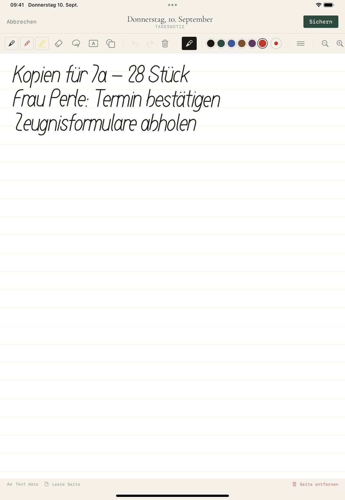 Tagesnotiz: eine linierte Seite mit drei handschriftlichen Zeilen und einer Werkzeugleiste.