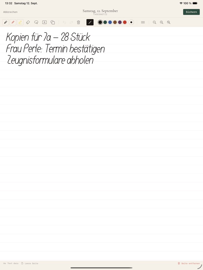 Ganzseitige Tagesnotiz mit Vordruck und Handschrift.
