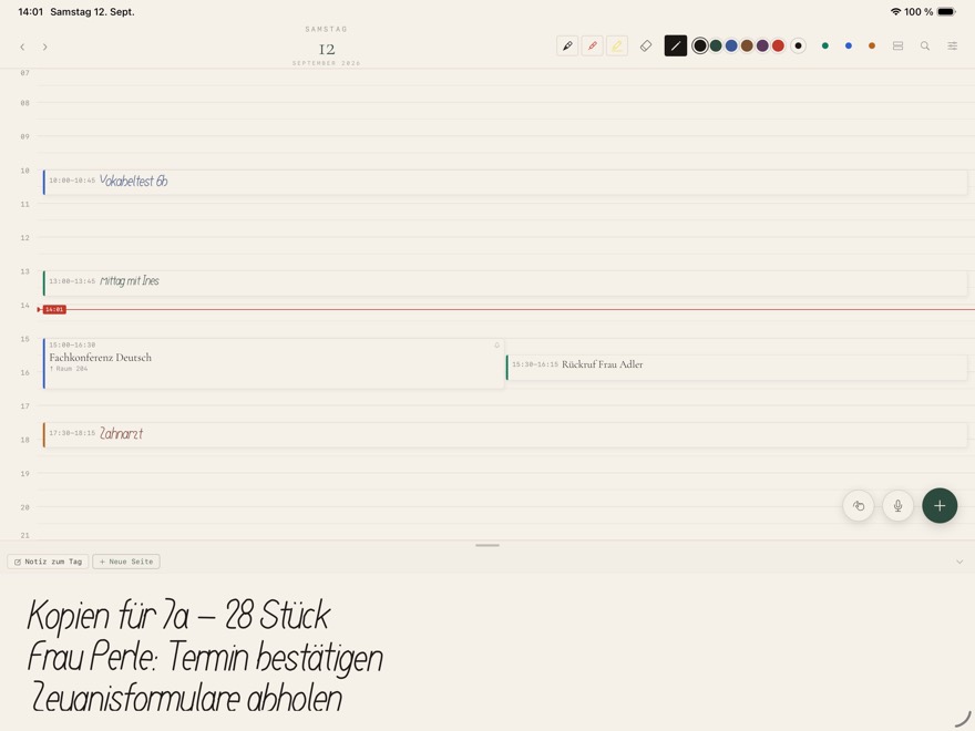 Tag oben, Notizband darunter, im Querformat.